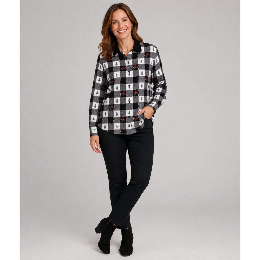 Vintage Dressbarn Flannel Button Front Shirt sz 14/16 Black White Plaid Holiday